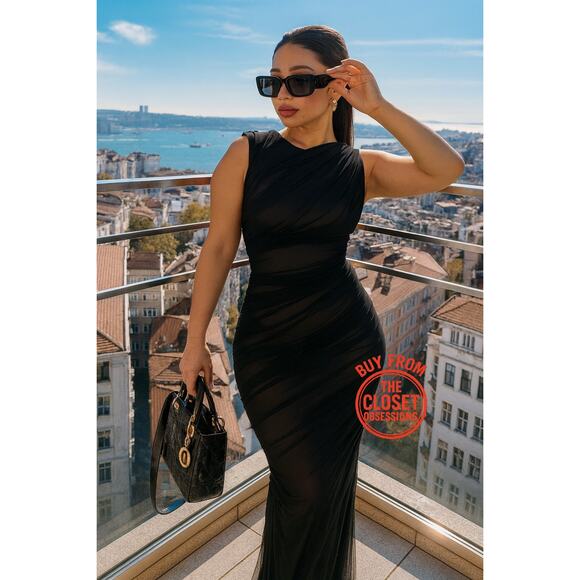 ZARA Black Draped Fitted Sleeveless Midi Dress NWT - Picture 3 of 16